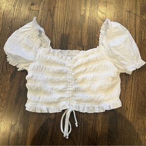 White smocked  ruched short sleeve cropped top